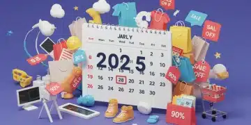 Illustration of 2025 clearance calendar with shopping items and discount tags