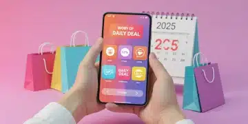Person using a smartphone to find daily deals in 2025, surrounded by shopping bags