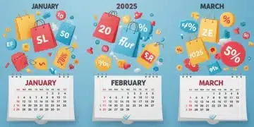 Unlock 2025's Top 5 Daily Deals: 3-Month Savings Calendar for early 2025 surrounded by shopping symbols representing daily deals and savings.