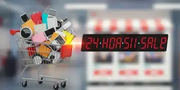 Shopping cart with diverse products, digital countdown clock, and '24-HOUR SALE' banner, emphasizing urgent online deals.