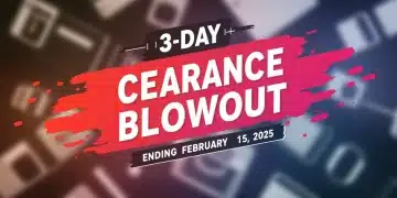 Dynamic graphic announcing 3-day clearance blowouts ending February 15, 2025 with various products