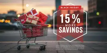 Shopping cart filled with gifts, '15% More Savings' overlay, early Black Friday shopping
