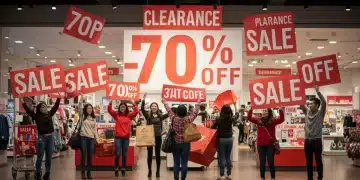 Shoppers enthusiastically browsing massive clearance sales with 70% off signs