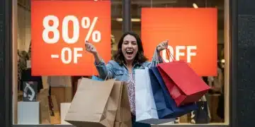 Person with shopping bags celebrating 80% off clearance finds