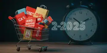 Shopping cart brimming with clearance items, clock indicating prime shopping hours, symbolizing smart savings strategies for 2025.