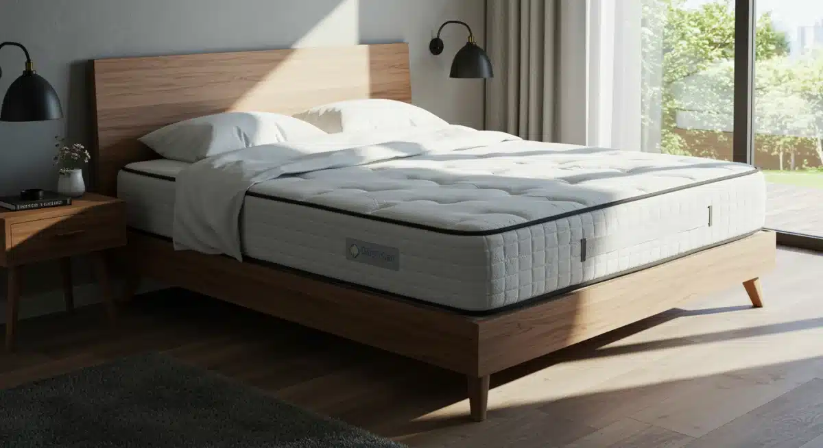 Contemporary bedroom with plush king-sized mattress and elegant bed frame.