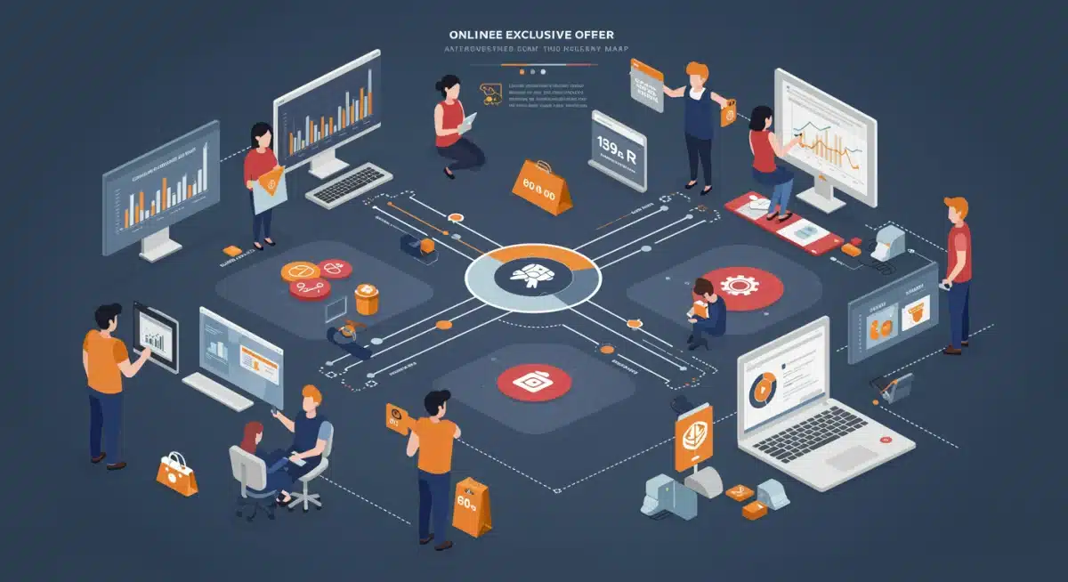 Infographic showing a customer journey with online exclusive offers and data analytics, reflecting personalized retail experiences.
