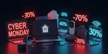 Futuristic tech gadgets with major discount symbols for Cyber Monday 2025