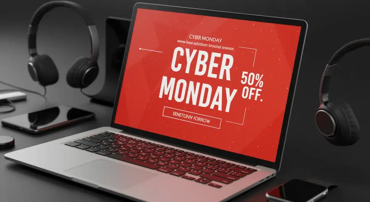 Laptop displaying a 50% off Cyber Monday deal
