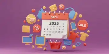 Calendar with April 2025 highlighted, surrounded by shopping icons and discount symbols, representing smart daily deals.