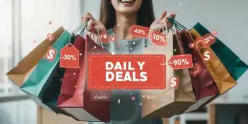 Daily Deals: Save $500+ Annually in 2025 Happy shopper with bags, surrounded by digital discount icons illustrating financial savings from daily deals.