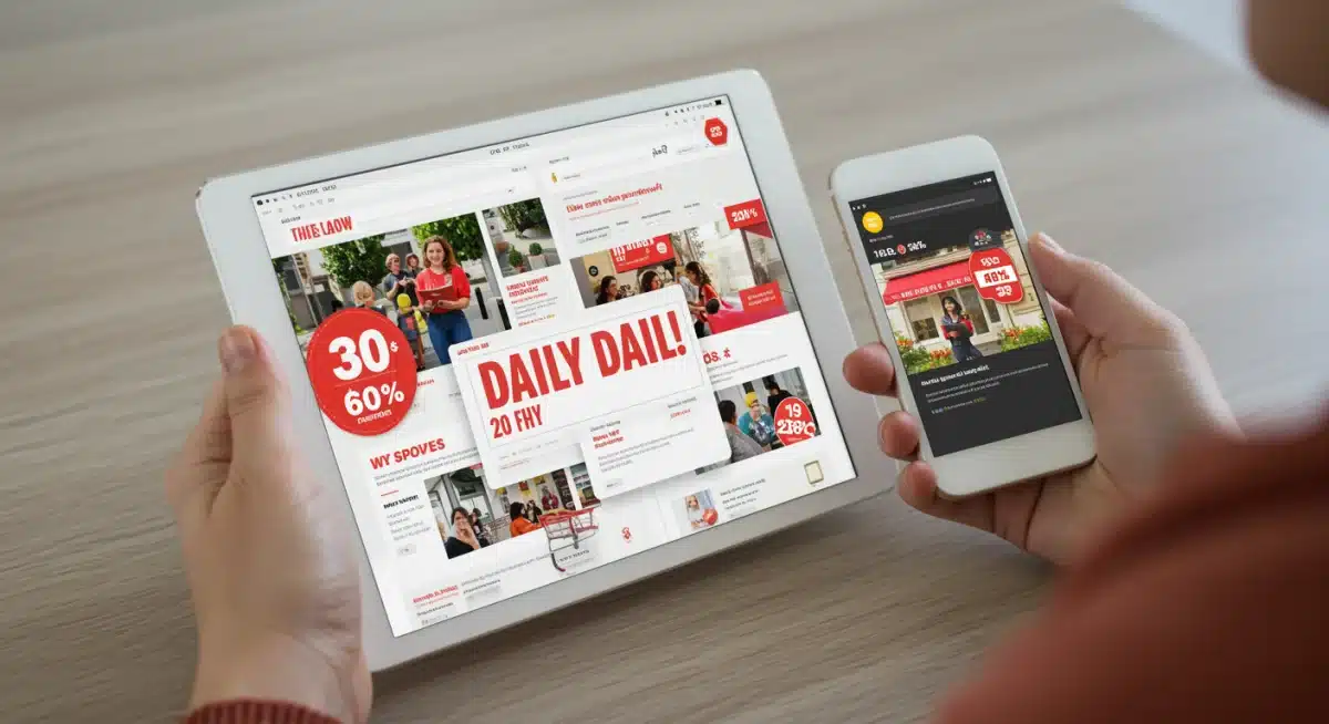 Person comparing daily deal prices across multiple devices, emphasizing smart shopping and value assessment.