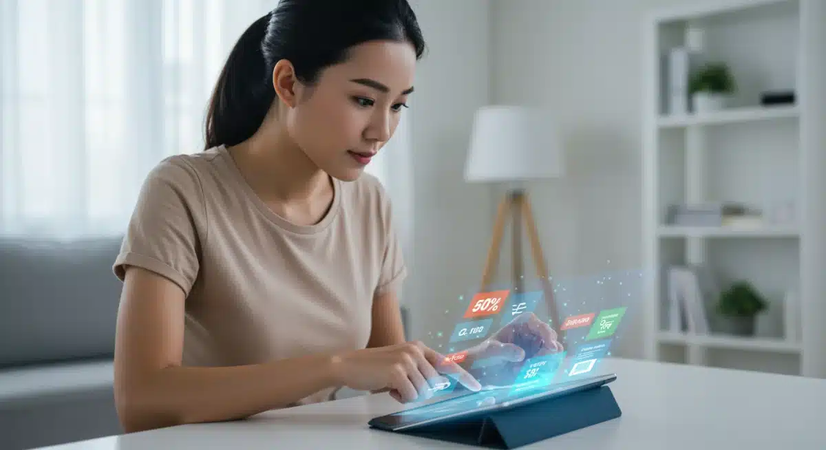 Person organizing digital coupons and deal alerts on tablet