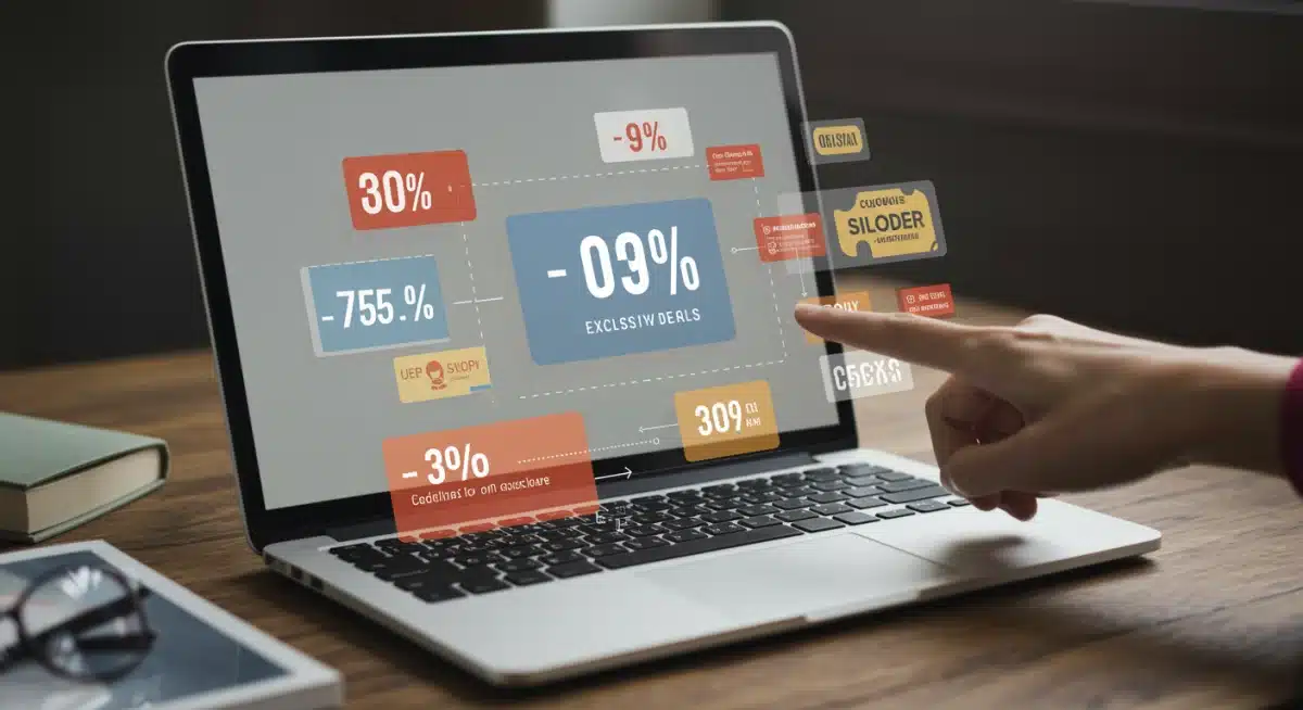 Digital coupons and discount codes on a laptop screen, representing smart online savings strategies.