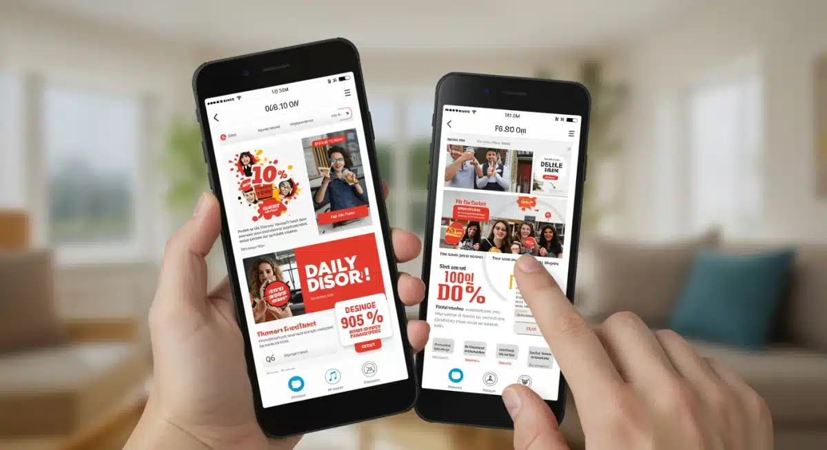 Smartphone displaying daily deal apps, with a hand navigating, symbolizing digital access to discounts.