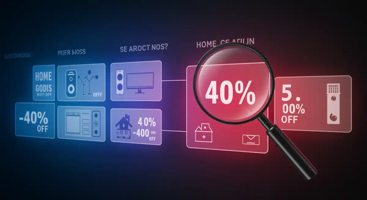 Digital screen showing diverse product categories with significant discounts