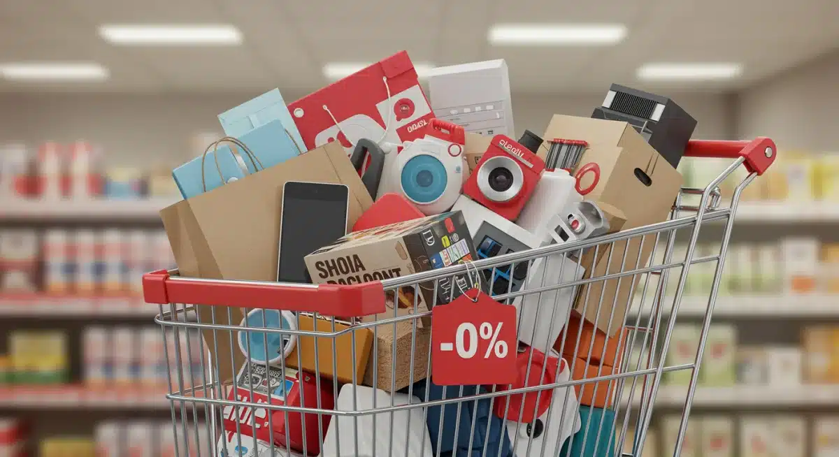Shopping cart filled with diverse discounted clearance items