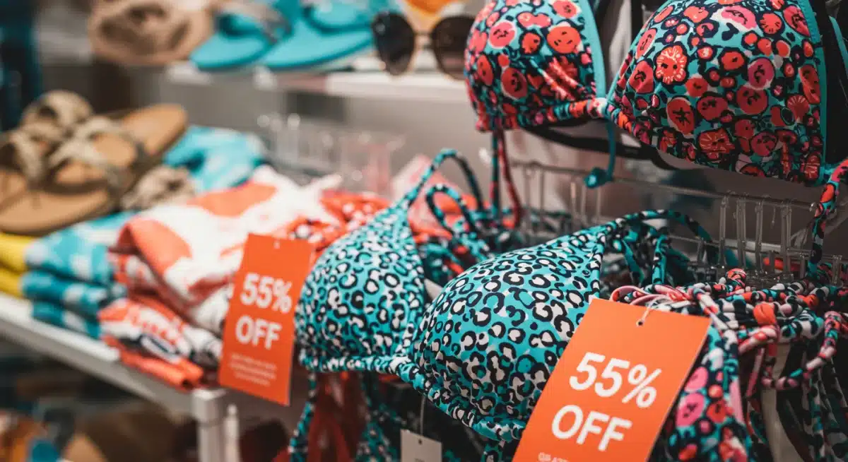 Assortment of discounted swimwear and beach accessories with 55% off tags, showcasing summer clearance deals.