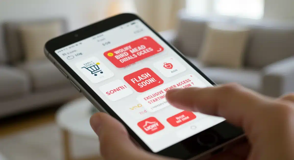 Smartphone displaying early access shopping app notifications and deals
