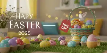 Vibrant Easter decorations and basket fillers with a 10% off sale tag for 2025.