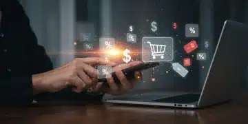 Person efficiently checking online deals on phone and laptop, surrounded by shopping icons.