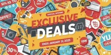 Time-sensitive alert banner for online exclusive deals ending January 31, 2025, showing a countdown and diverse discounted products.