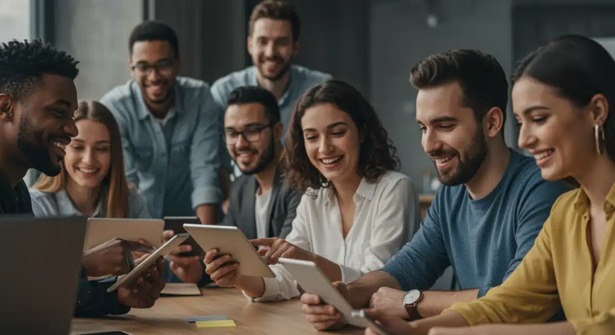 Diverse group engaging with exclusive digital content on tablets