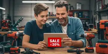 Father and son celebrating Father's Day with new tools and gadgets