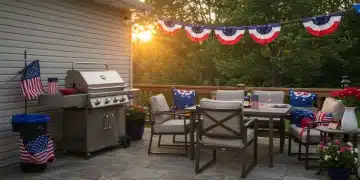 Festive Fourth of July patio with grill and dining set
