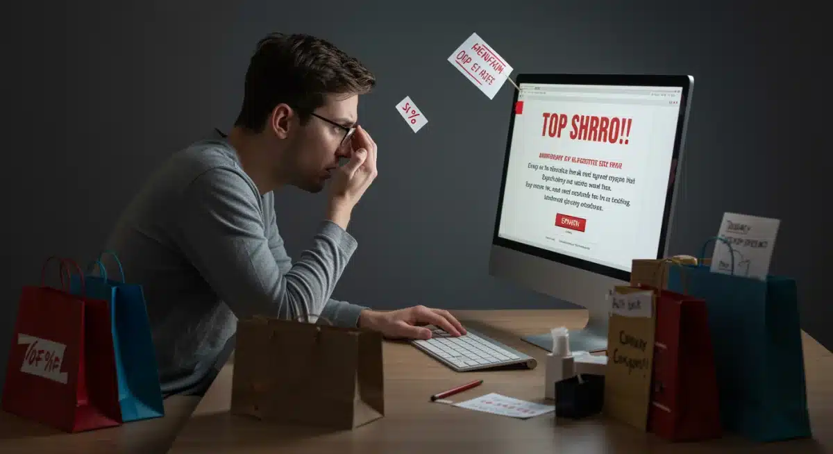 Frustrated shopper facing complex online return policy on a computer screen, with shopping bags.