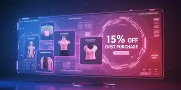 Futuristic online shopping interface with 15% off first purchase banner