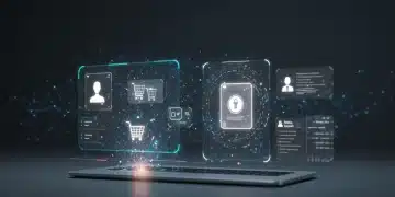 Futuristic online shopping interface with AI recommendations and holographic products