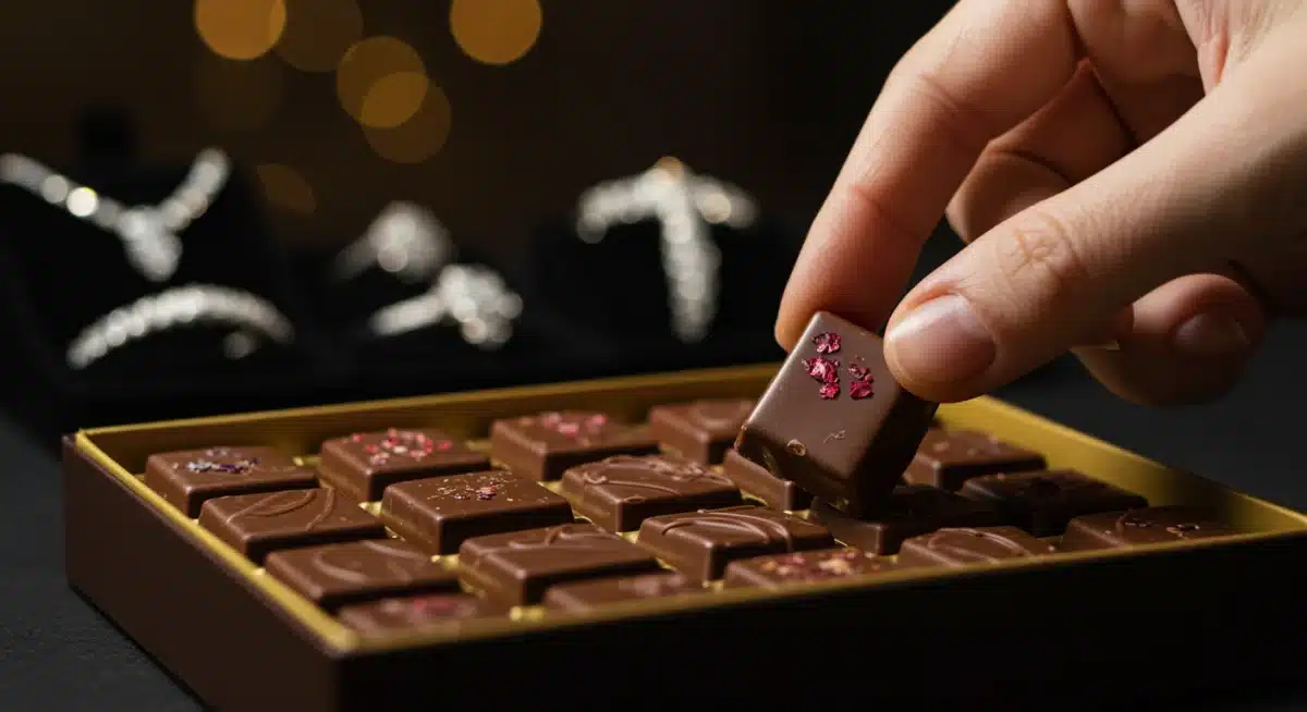 Person selecting gourmet chocolate from a box, with jewelry in background