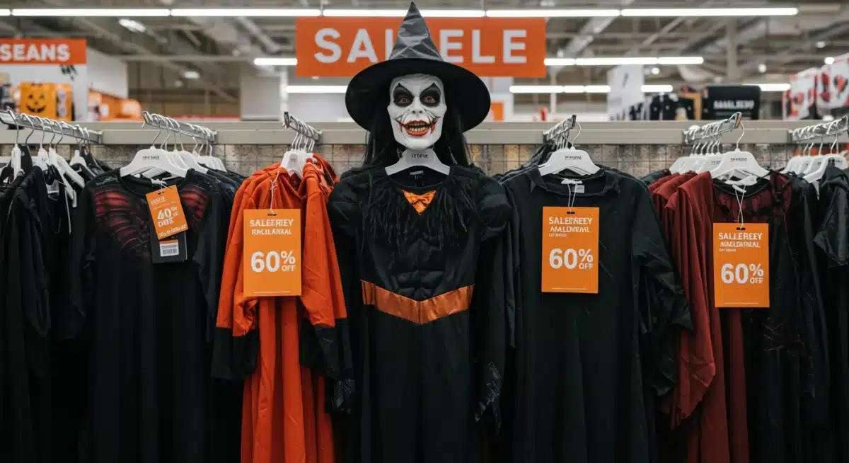 Discounted Halloween costumes on a rack during the post-October 31st clearance sale.