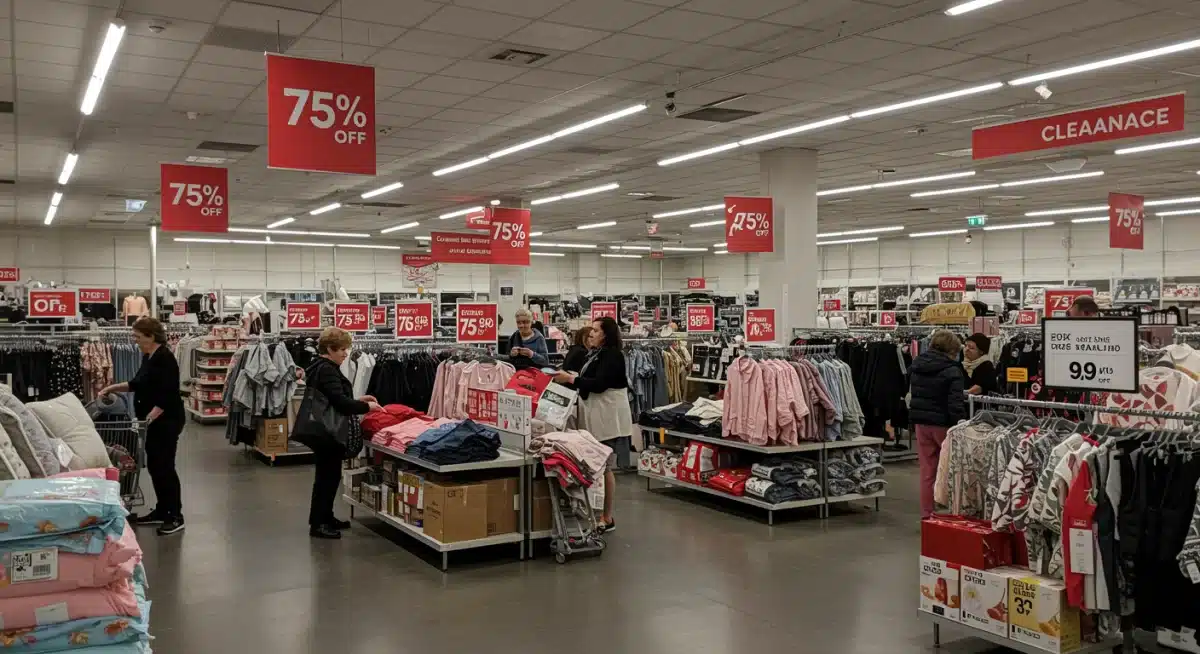 Customers browsing a retail store's clearance section with large 75% off signs.