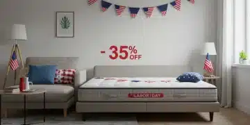 Modern living room with sofa and mattress, decorated for Labor Day with a 35% off sale tag.