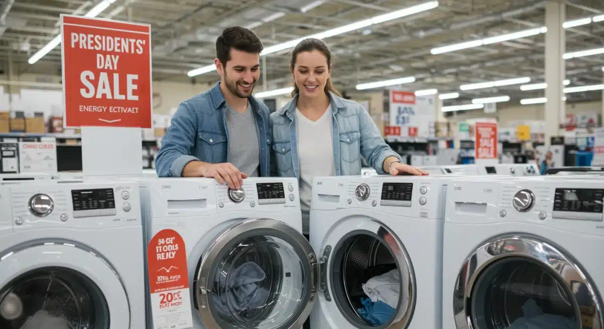 Couple shopping for new, energy-efficient laundry appliances during a Presidents' Day sale.