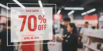 Vibrant sale banner with '70% Off' and 'Limited Stock' over a busy retail store interior, emphasizing urgency.