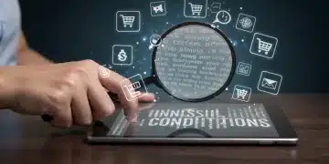 Magnifying glass over tablet showing complex online terms and conditions text, with e-commerce symbols.