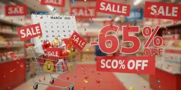 Shopping cart full of discounted goods with 'March 2025' and '65% OFF' signs