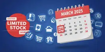 March 2025 calendar with urgent daily deal notifications and limited stock warnings