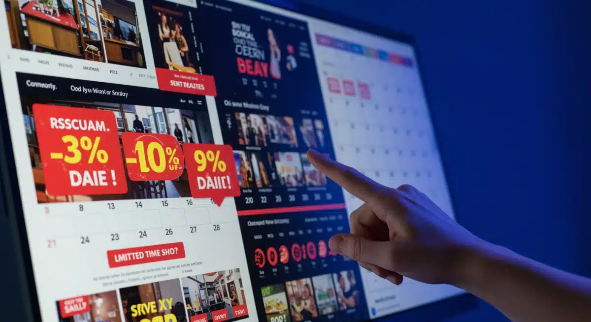 Digital screen showing multiple online deals and discount banners for March 2025.
