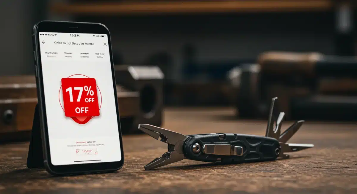 Modern multi-tool with a smartphone showing a 17% discount on an e-commerce site