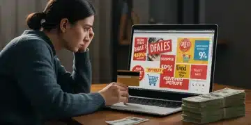 Financial Impact: Avoid 3 Mistakes Chasing Online Savings 2025 Person looking at online deals on a laptop with a credit card, symbolizing financial impact of online shopping