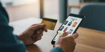 Woman contemplating online exclusive product discounts on her smartphone, credit card in hand.