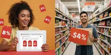Online shopper on tablet and in-store customer browsing clearance racks with sale signs, representing national clearance events in 2025.