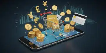Smartphone showing online shopping cart with digital currency and credit cards, symbolizing online payment savings.