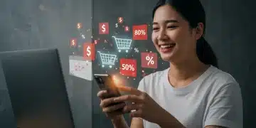 Illustration of a person using a smartphone for online shopping with savings symbols and a 2025 calendar.