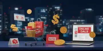 Unlock 15% More Savings: Top Online Exclusive Deals 2025 US Illustration of online shopping savings with a cart, laptop, and dollar signs.