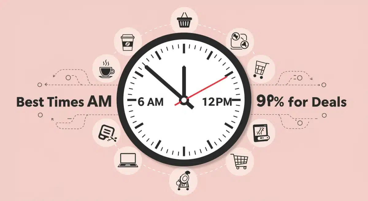 Optimal times of day for daily deal hunting illustrated by a clock